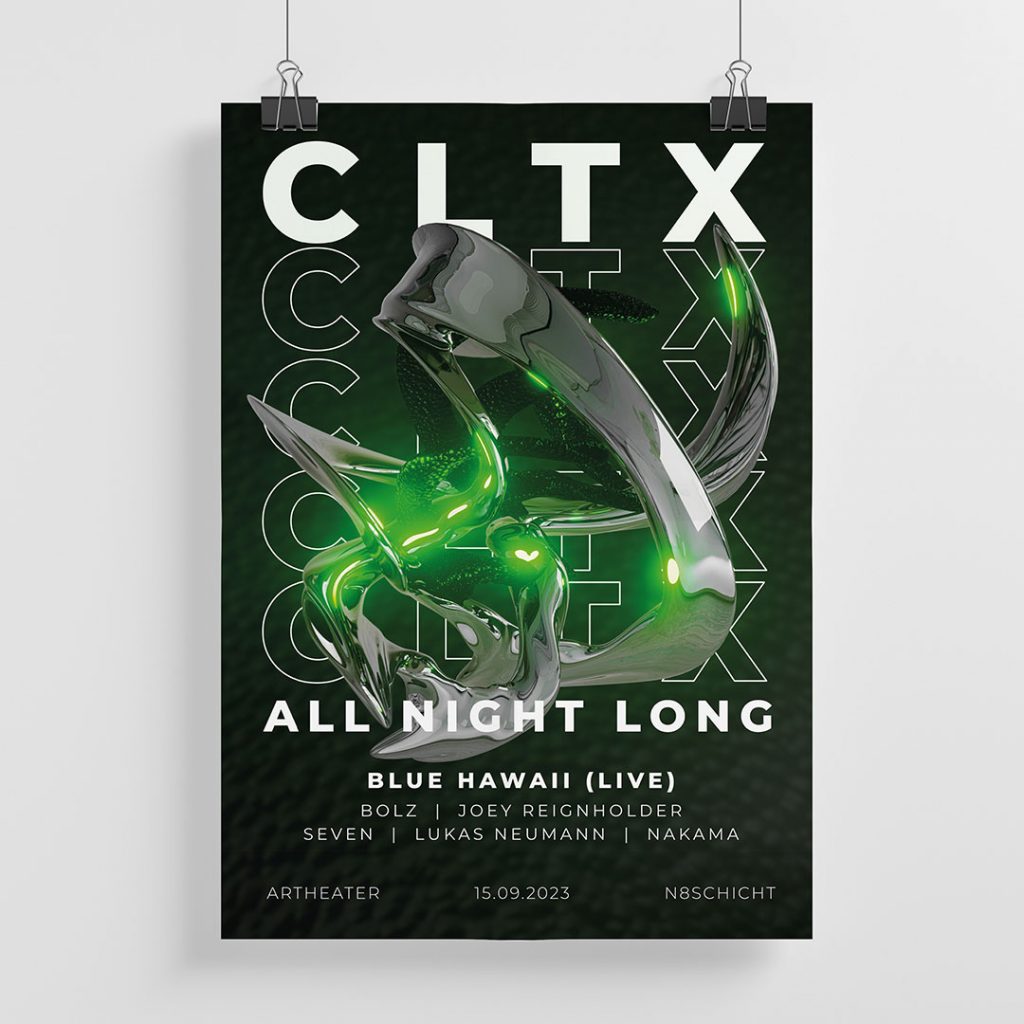 Poster für eine Technoparty mit dem DJ CLTX